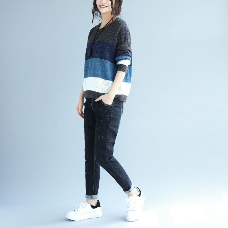 Autumn Winter Patchwork Woolen Knit Tops Blue Gray Striped Sweater