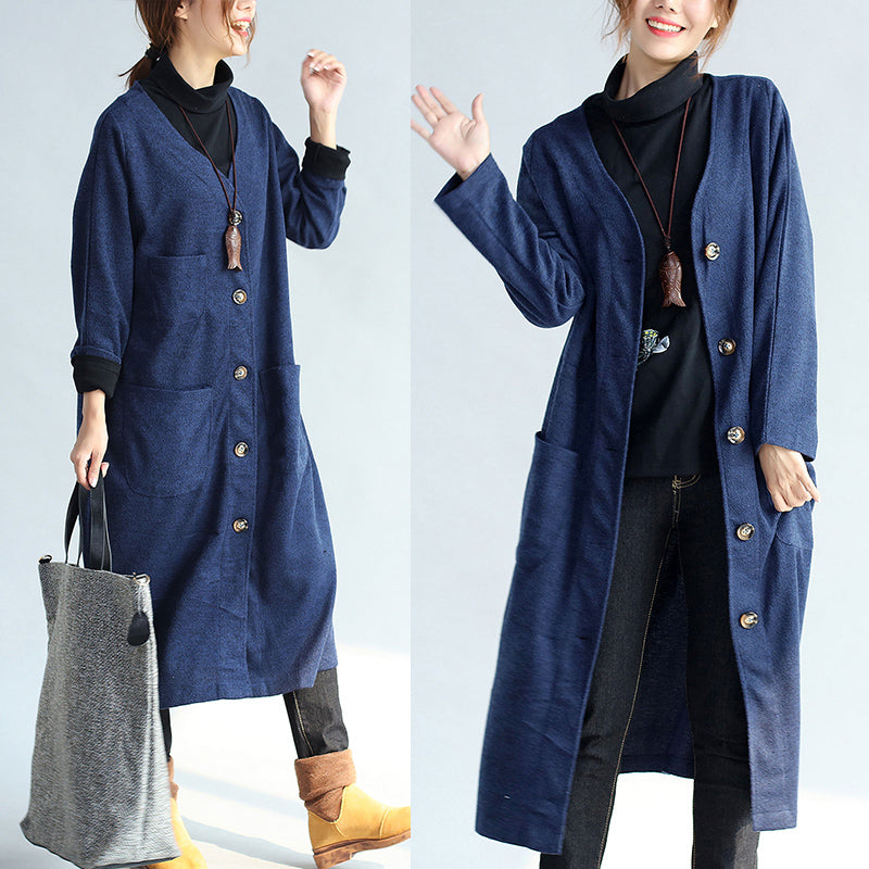 Autumn Winter Warm Navy Cotton Trench Coats Woolen Loose Pockets V Neck Cardigans