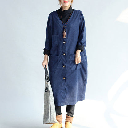Autumn Winter Warm Navy Cotton Trench Coats Woolen Loose Pockets V Neck Cardigans