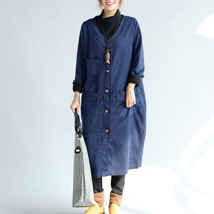 Autumn Winter Warm Navy Cotton Trench Coats Woolen Loose Pockets V Neck Cardigans