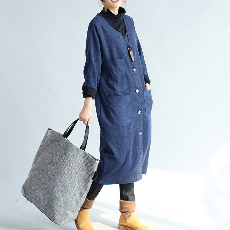 Autumn Winter Warm Navy Cotton Trench Coats Woolen Loose Pockets V Neck Cardigans