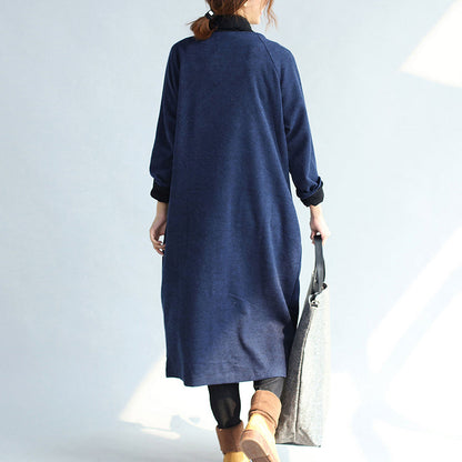 Autumn Winter Warm Navy Cotton Trench Coats Woolen Loose Pockets V Neck Cardigans