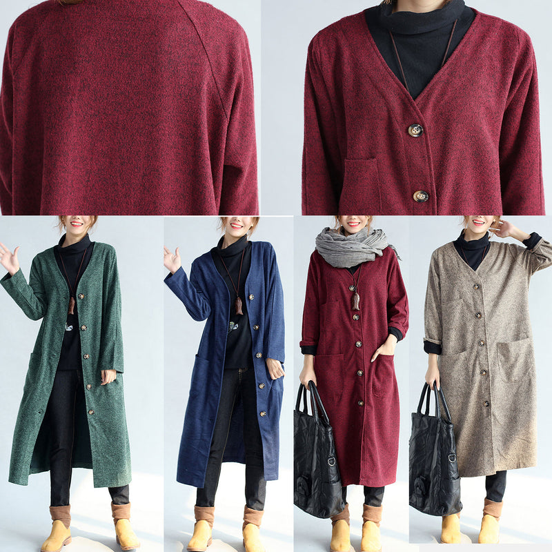 Autumn Winter Warm Navy Cotton Trench Coats Woolen Loose Pockets V Neck Cardigans
