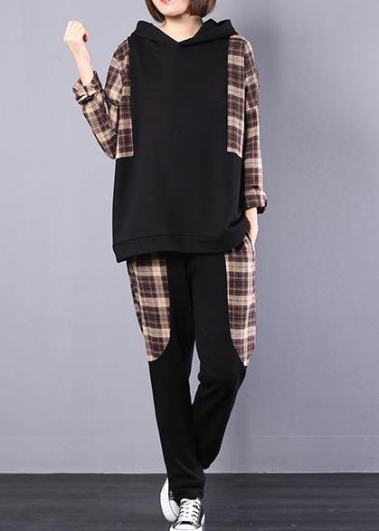 Autumn Black Patchwork Khaki Plaid Hooded Tops and Pants Two Pieces