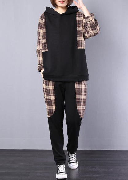 autumn women black patchwork khaki plaid hooded tops and casual pants two pieces