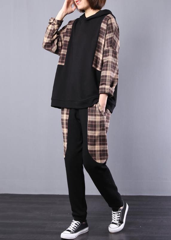 autumn women black patchwork khaki plaid hooded tops and casual pants two pieces