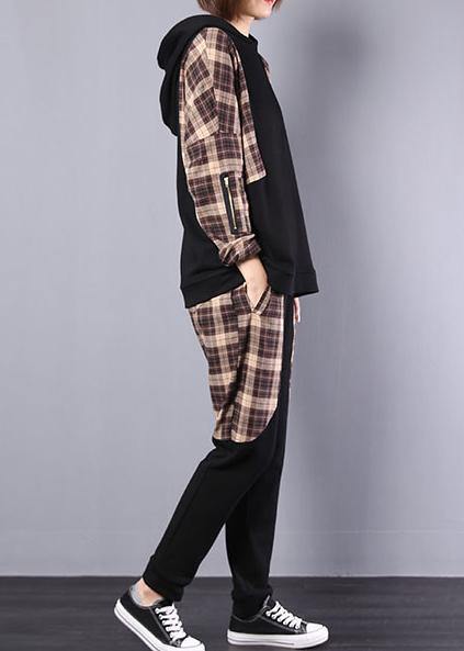 Autumn Black Patchwork Khaki Plaid Hooded Tops and Pants Two Pieces