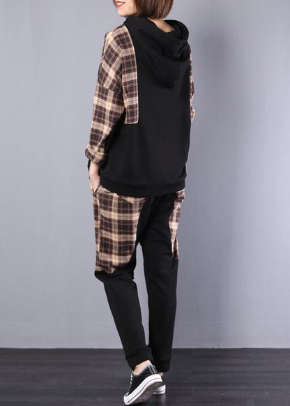 autumn women black patchwork khaki plaid hooded tops and casual pants two pieces