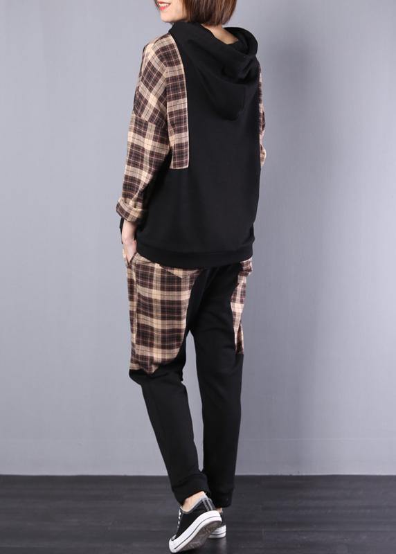Autumn Black Patchwork Khaki Plaid Hooded Tops and Pants Two Pieces