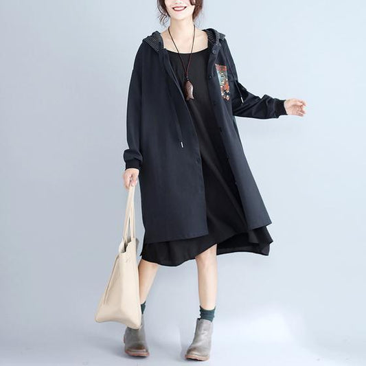 Autumn Prints Black Cotton Cardigan Oversize Fit Hooded Trench Coat