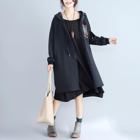 Autumn Prints Black Cotton Cardigan Oversize Fit Hooded Trench Coat
