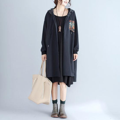 Autumn Prints Black Cotton Cardigan Oversize Fit Hooded Trench Coat