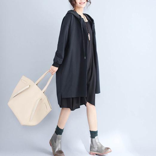 Autumn Prints Black Cotton Cardigan Oversize Fit Hooded Trench Coat