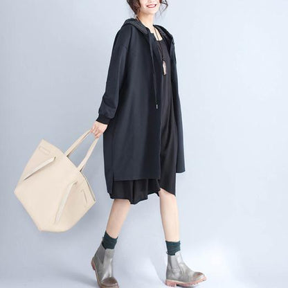 Autumn Prints Black Cotton Cardigan Oversize Fit Hooded Trench Coat