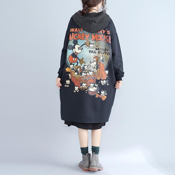 Autumn Prints Black Cotton Cardigan Oversize Fit Hooded Trench Coat