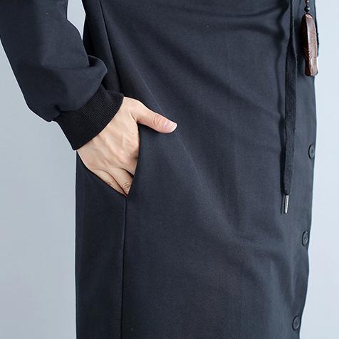 Autumn Prints Black Cotton Cardigan Oversize Fit Hooded Trench Coat