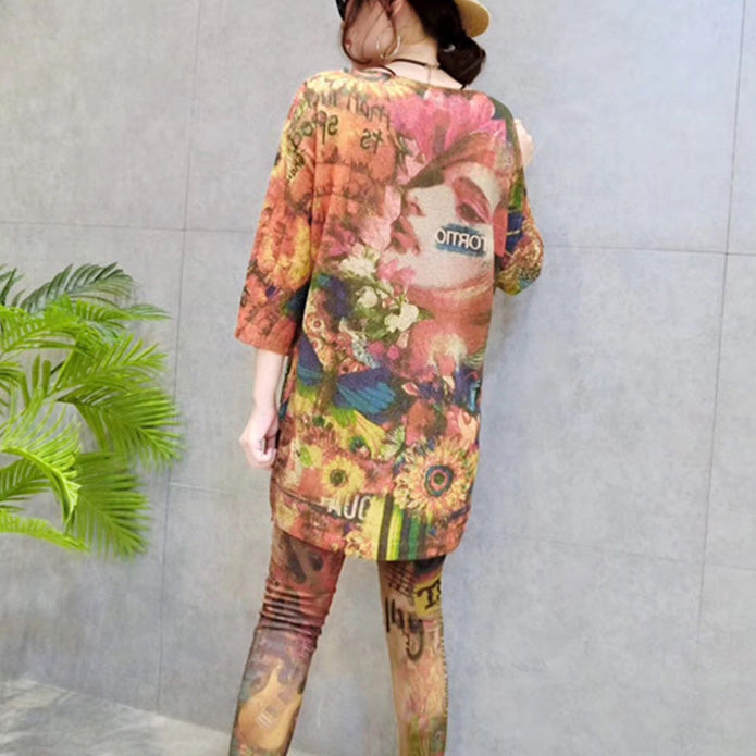 Autumn Stylish Prints Cotton Knit Tops Loose Fit Bracelet Sleeved Mid Long Sweater