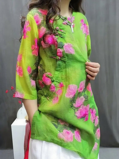 Handmade Colored Flowers O-Neck Print Button Top Summer