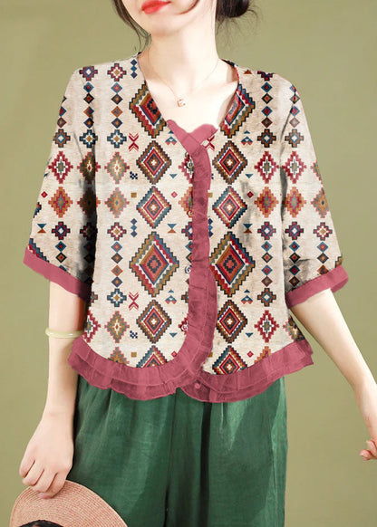 Red Ruffled Button Patchwork Linen Blouse Top Summer
