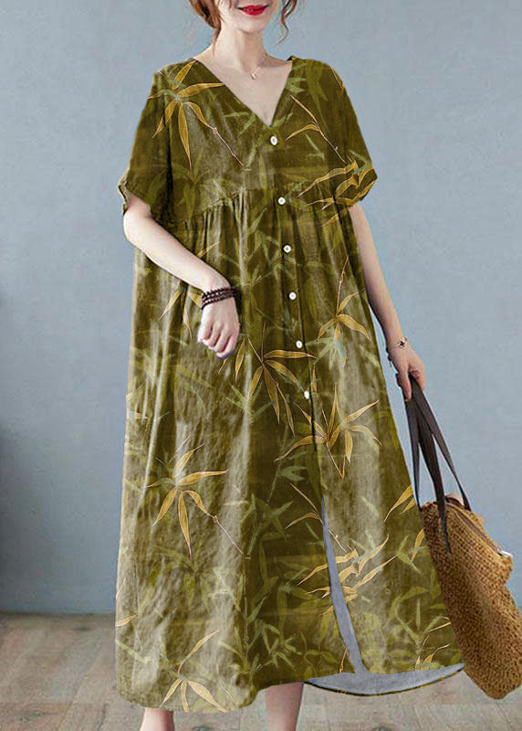 Red Flower Retro Button Summer Print Half Sleeve Maxi Dress