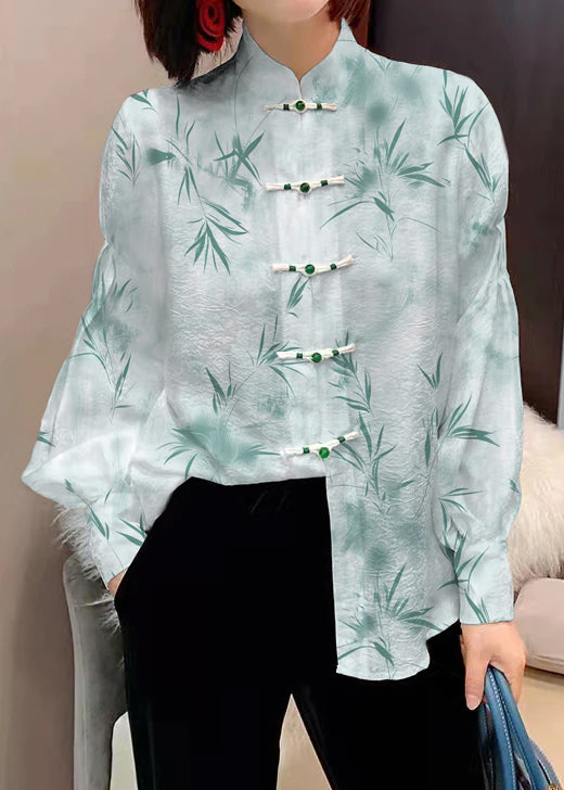 Chinese Style White Flowers and Birds Stand Collar Button Jacquard Silk Blouse Tops Lantern Sleeve