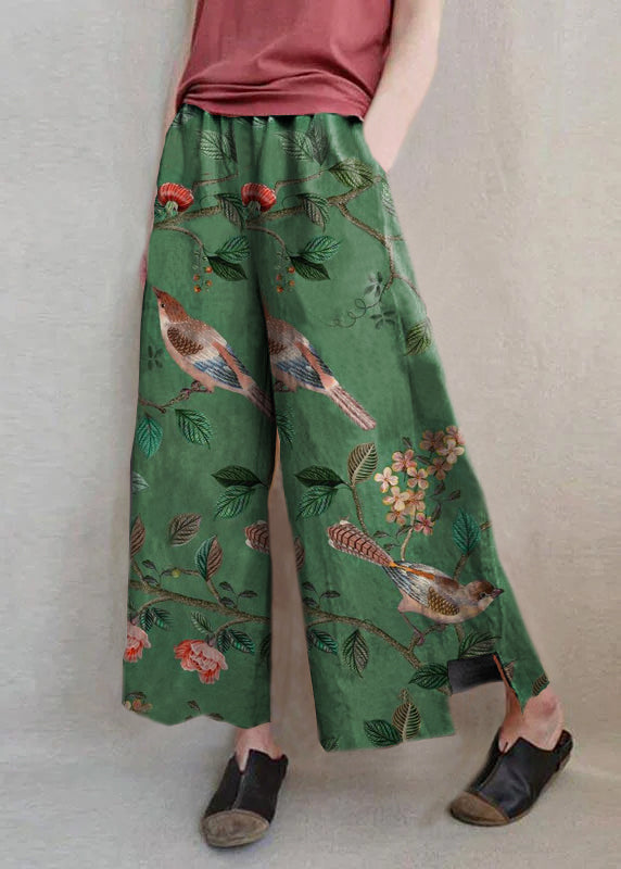 Handmade Green Bird Dandelion Wide Leg Pants Summer Cotton Linen