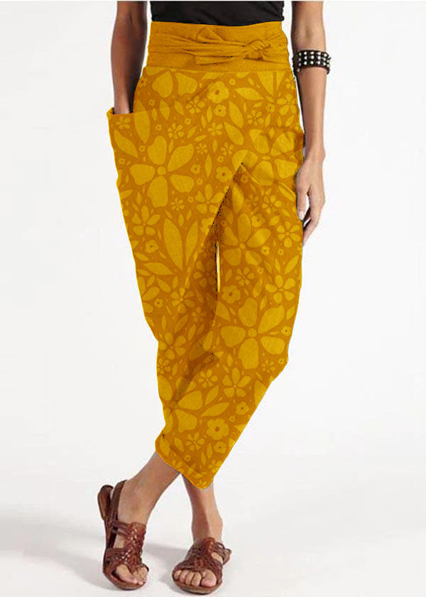 Handmade Landscape Pattern Asymmetrical Design High Waist Cotton Harem Summer Pants