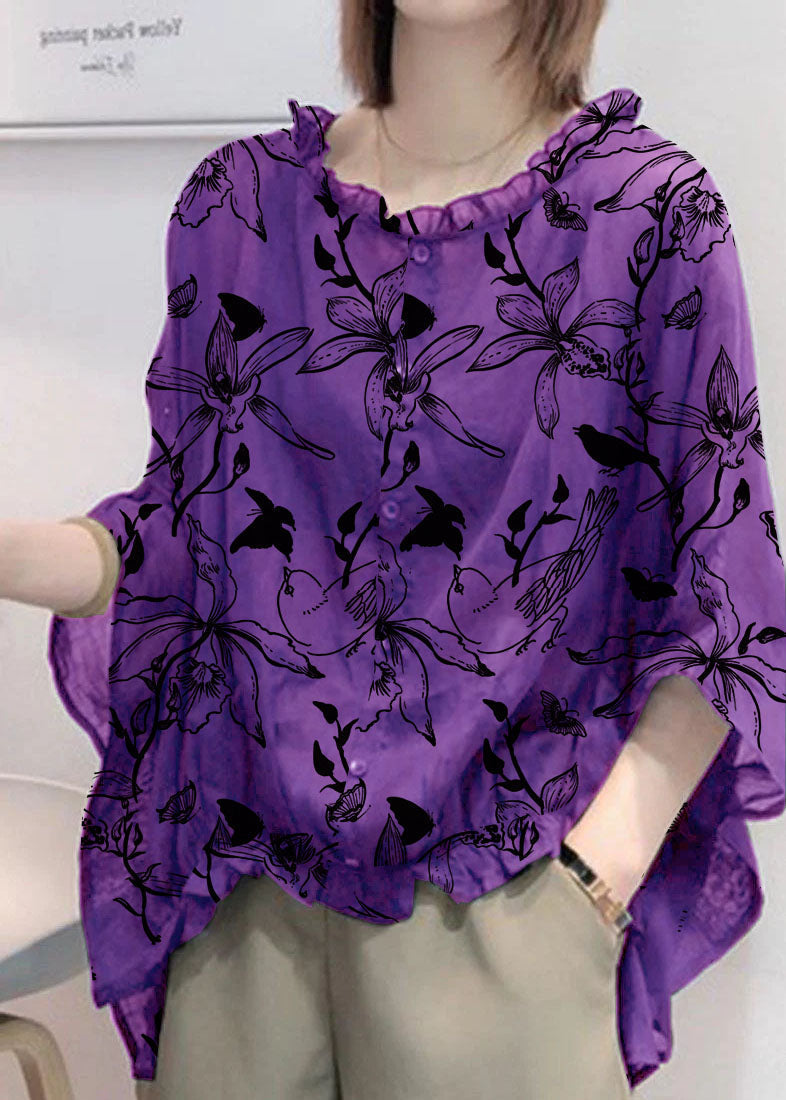 Art Black Print Tops Ruffles Trim Half Sleeve Shirts Blouse