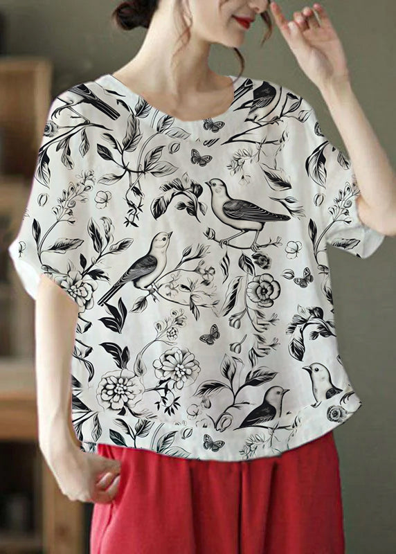 Unique White O-neck Embroideried Summer Ramie Shirt Half Sleeve