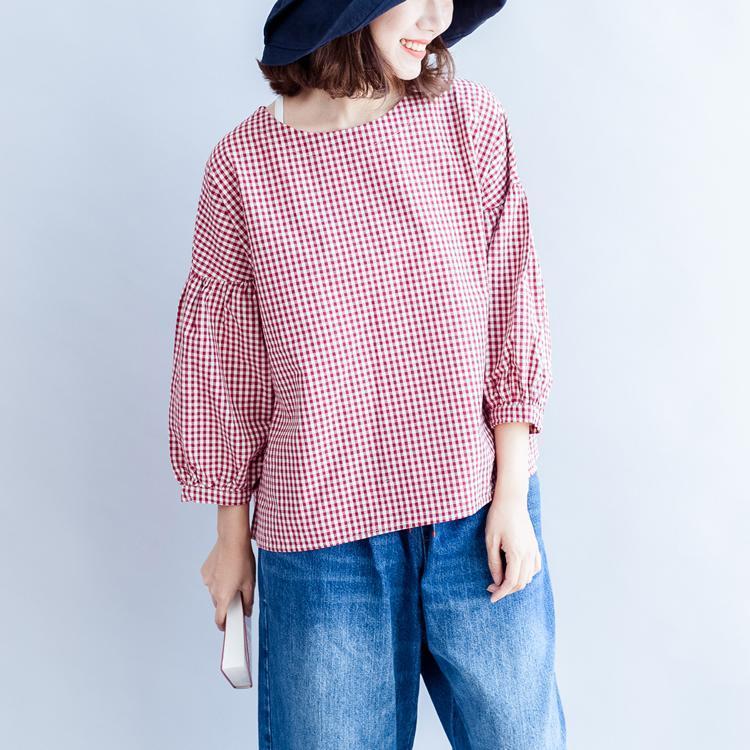 Back Button Cotton T Shirt Oversize Red White Grid Long Sleeve Tops