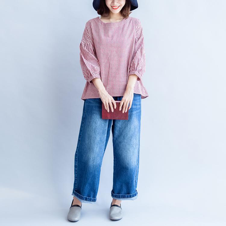 Back Button Cotton T Shirt Oversize Red White Grid Long Sleeve Tops