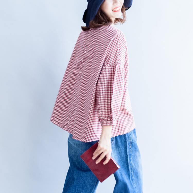 Back Button Cotton T Shirt Oversize Red White Grid Long Sleeve Tops