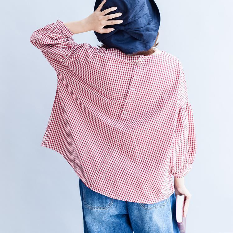 Back Button Cotton T Shirt Oversize Red White Grid Long Sleeve Tops