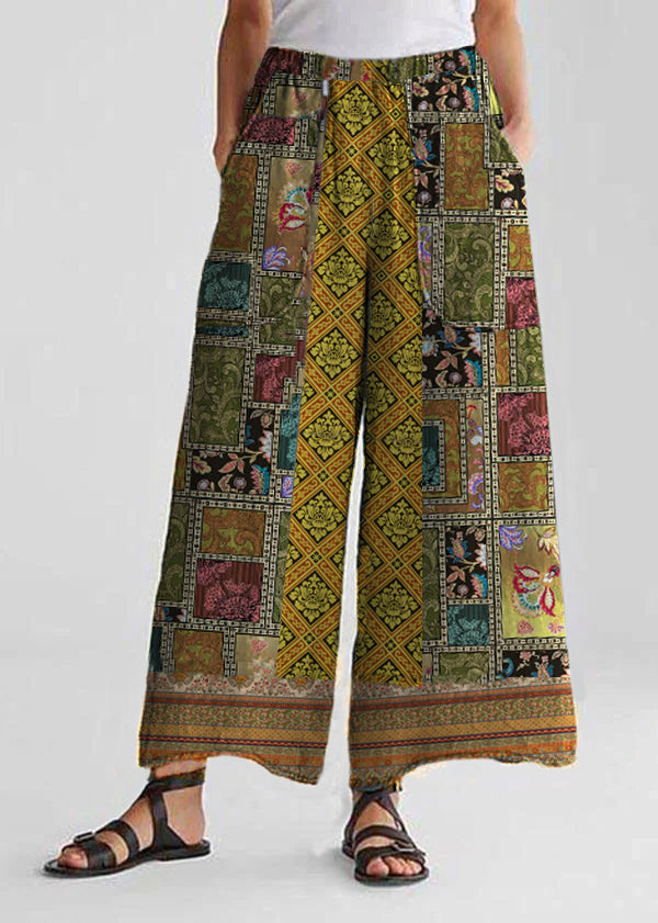 Cotton Linen Red Geometry Loose Wide Leg Pants
