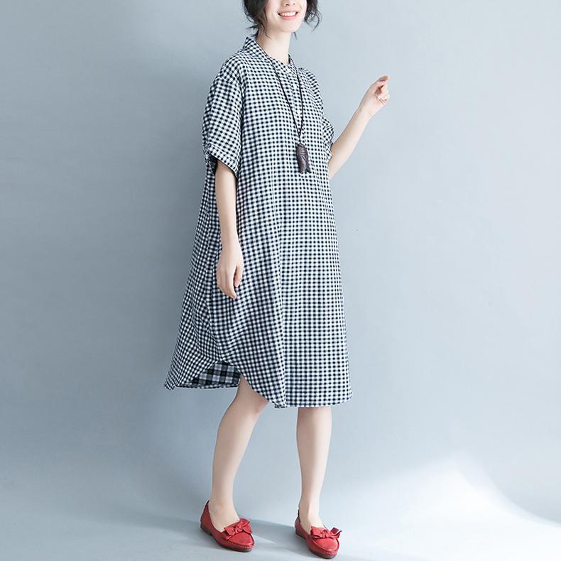 Baggy Plaid Natural Cotton Dress Cotton Clothing Dresses Short Sleeve Stand Cotton Clothing