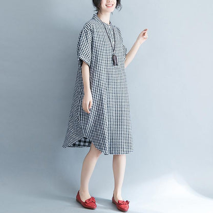 Baggy Plaid Natural Cotton Dress Cotton Clothing Dresses Short Sleeve Stand Cotton Clothing