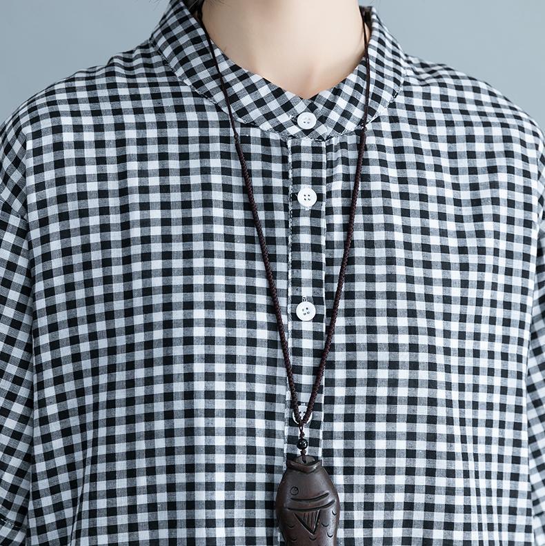 Baggy Plaid Natural Cotton Dress Cotton Clothing Dresses Short Sleeve Stand Cotton Clothing