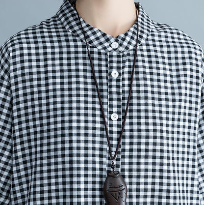 Baggy Plaid Natural Cotton Dress Cotton Clothing Dresses Short Sleeve Stand Cotton Clothing