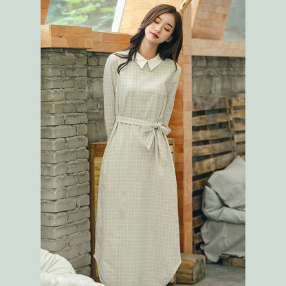 Baggy Plaid Turn-down Collar a Line Skirts Gown Tie Waist Autumn Dress
