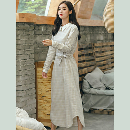 Baggy Plaid Turn-down Collar a Line Skirts Gown Tie Waist Autumn Dress