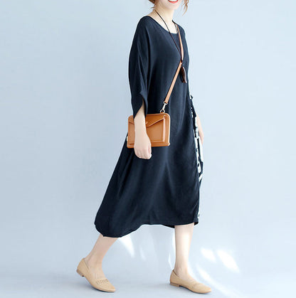 Baggy Black Midi-length Cotton T Shirt Traveling Clothing Fine Batwing Sleeve Patchwork Natural Cotton Pullover