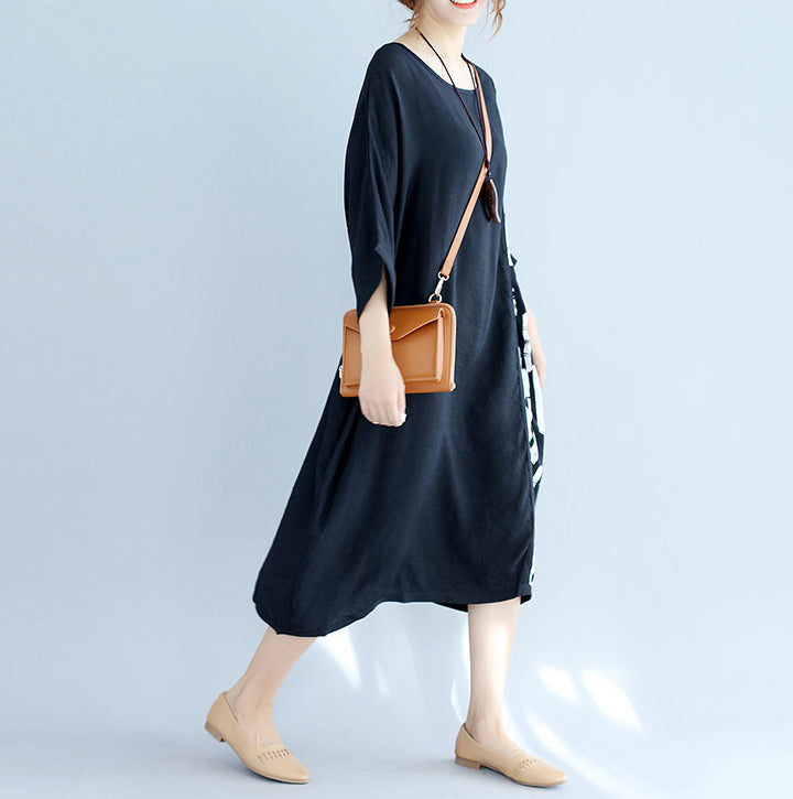 Baggy Black Midi-length Cotton T Shirt Traveling Clothing Fine Batwing Sleeve Patchwork Natural Cotton Pullover
