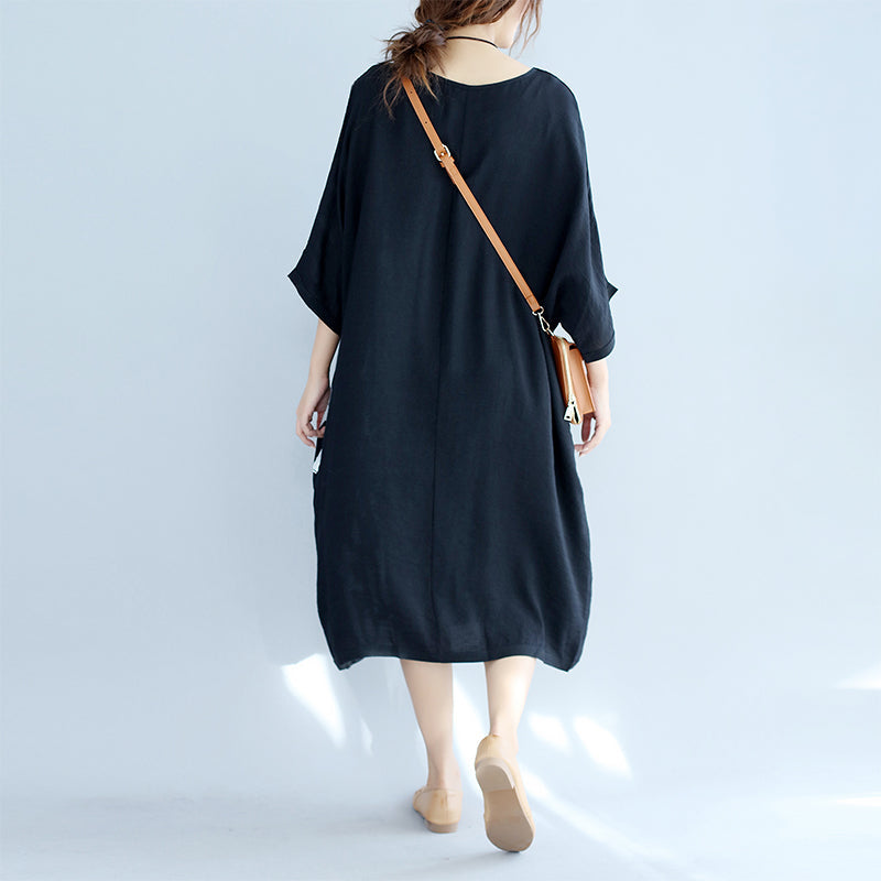 Baggy Black Midi-length Cotton T Shirt Traveling Clothing Fine Batwing Sleeve Patchwork Natural Cotton Pullover