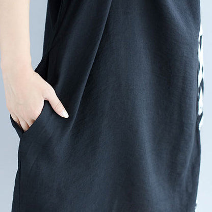 Baggy Black Midi-length Cotton T Shirt Traveling Clothing Fine Batwing Sleeve Patchwork Natural Cotton Pullover
