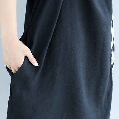 Baggy Black Midi-length Cotton T Shirt Traveling Clothing Fine Batwing Sleeve Patchwork Natural Cotton Pullover
