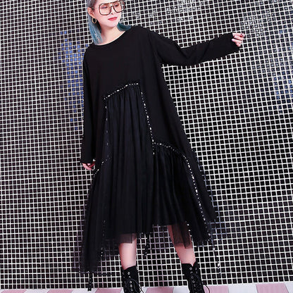 Baggy Black Fall Dresses Patchwork Tulle Asymmetrical Design O Neck Rivet Knee Dresses