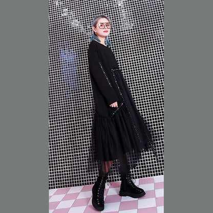 Baggy Black Fall Dresses Patchwork Tulle Asymmetrical Design O Neck Rivet Knee Dresses