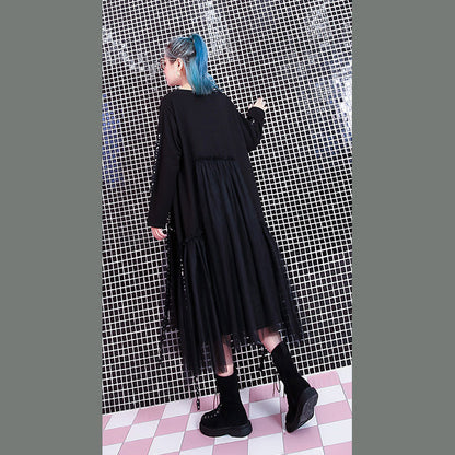 Baggy Black Fall Dresses Patchwork Tulle Asymmetrical Design O Neck Rivet Knee Dresses