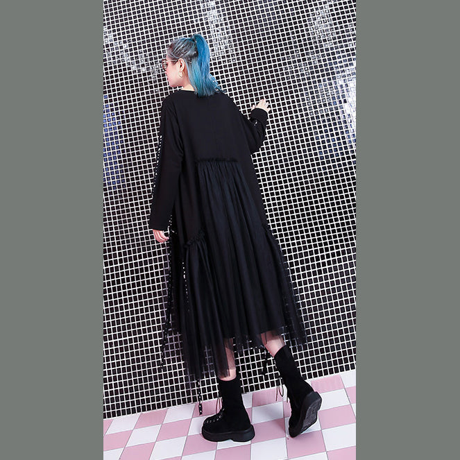 Baggy Black Fall Dresses Patchwork Tulle Asymmetrical Design O Neck Rivet Knee Dresses