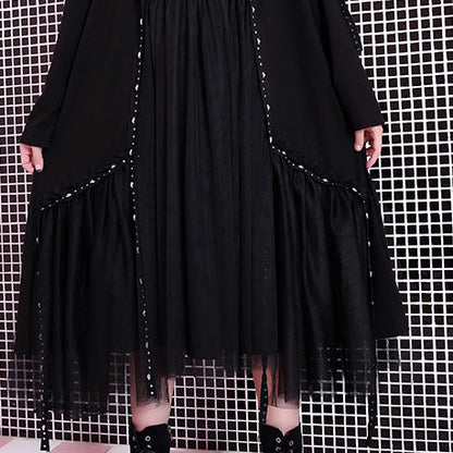 Baggy Black Fall Dresses Patchwork Tulle Asymmetrical Design O Neck Rivet Knee Dresses
